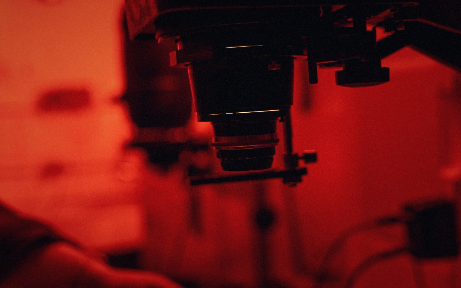 Photo enlarger lens and condenser head suspended in a red-lit darkroom